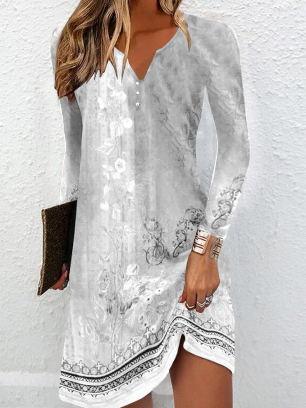 Floral Print Notched Neck Dress, Vintage Long Sleeve Mini Dress