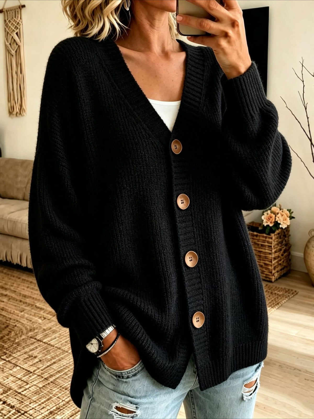 Solid Color Button V Neck Knitted Cardigan Sweater