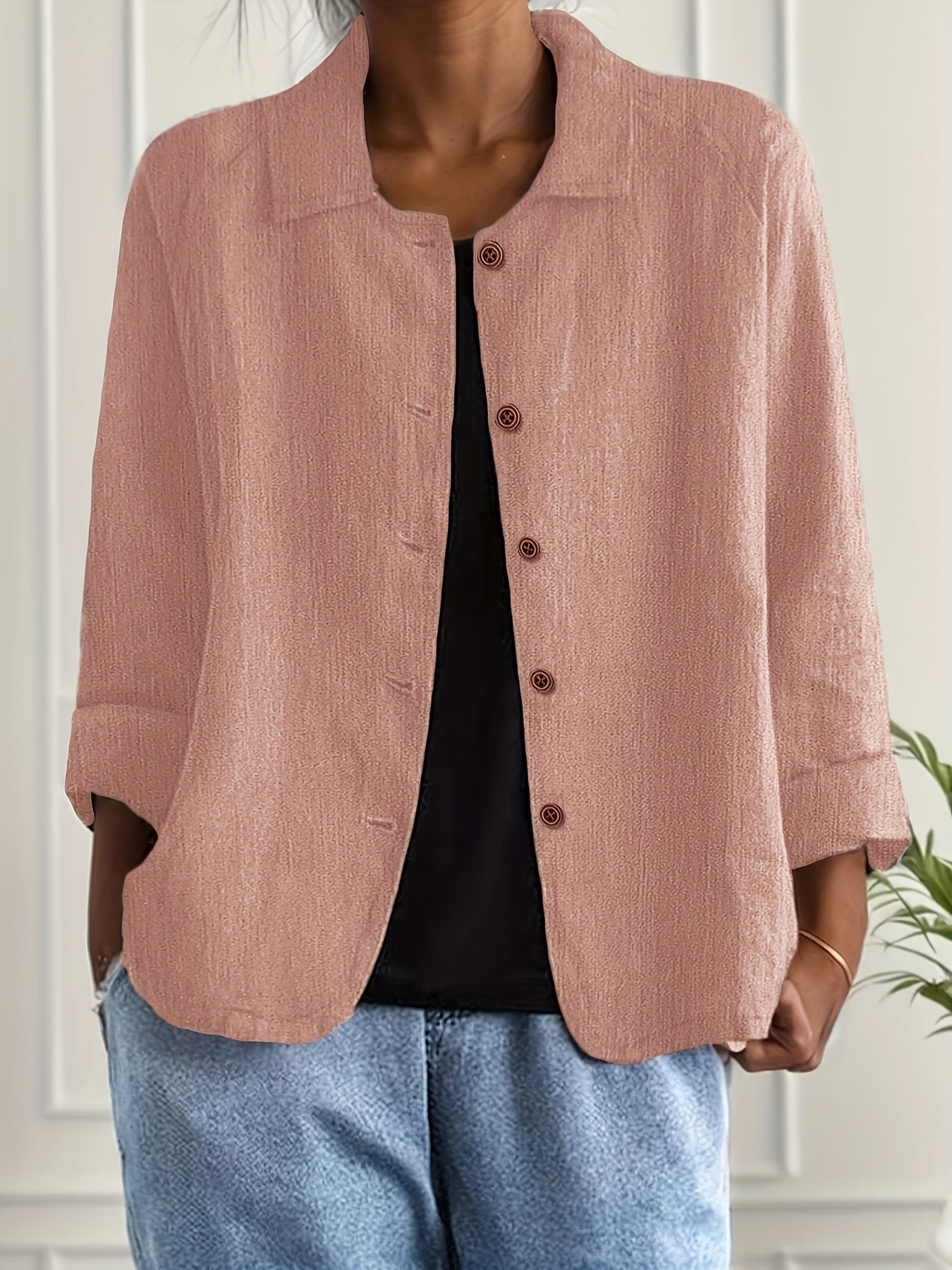 Long Sleeve Button-Up Solid Color Lapel Collar Shirt