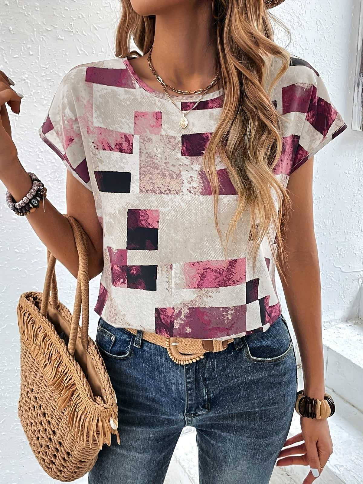 Graphic Print Crew Neck T-shirt, Short Sleeve Aztec Print Tops