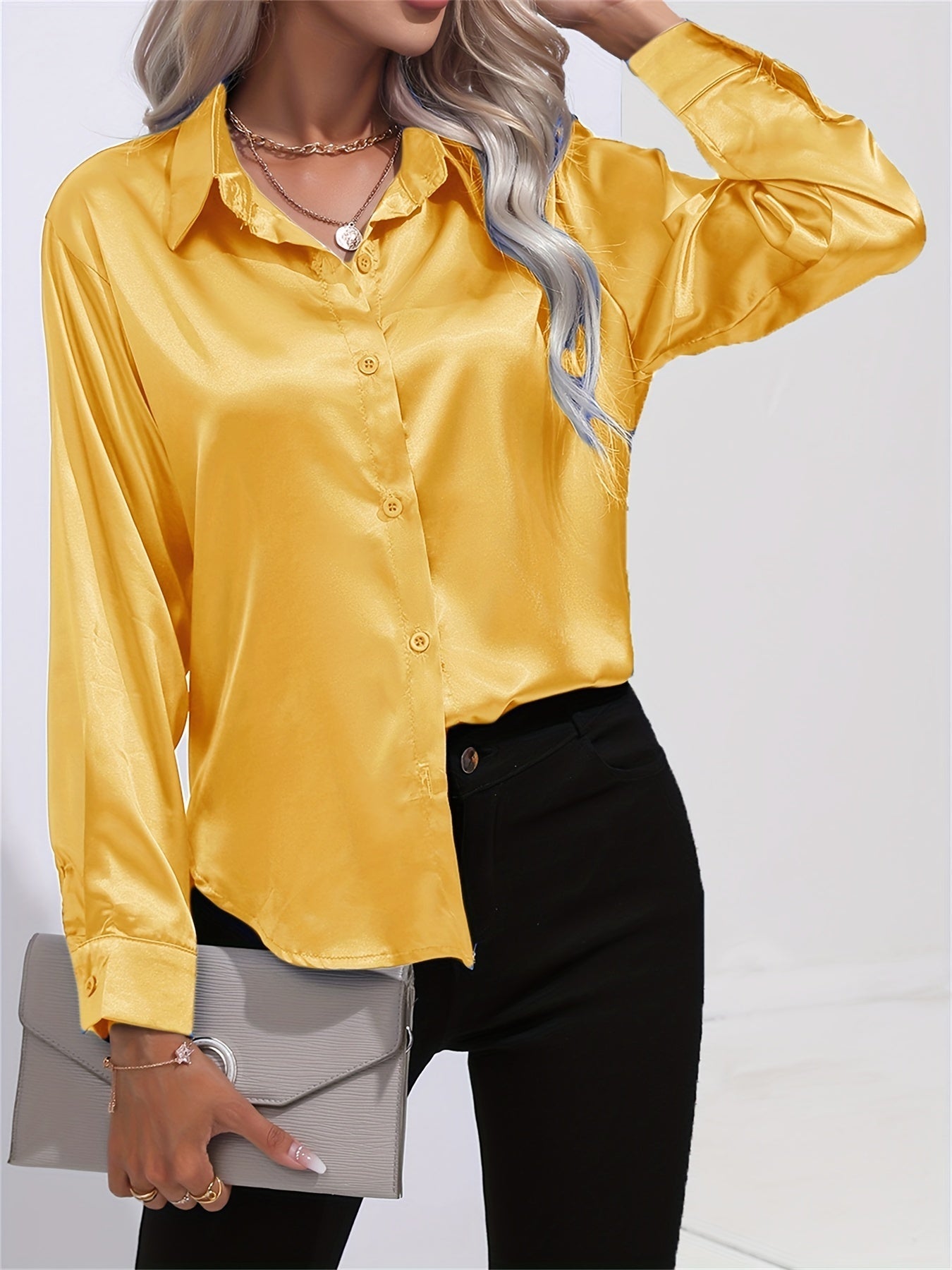Lapel-collar Satin-satin-faux Silk Long-sleeved Shirt