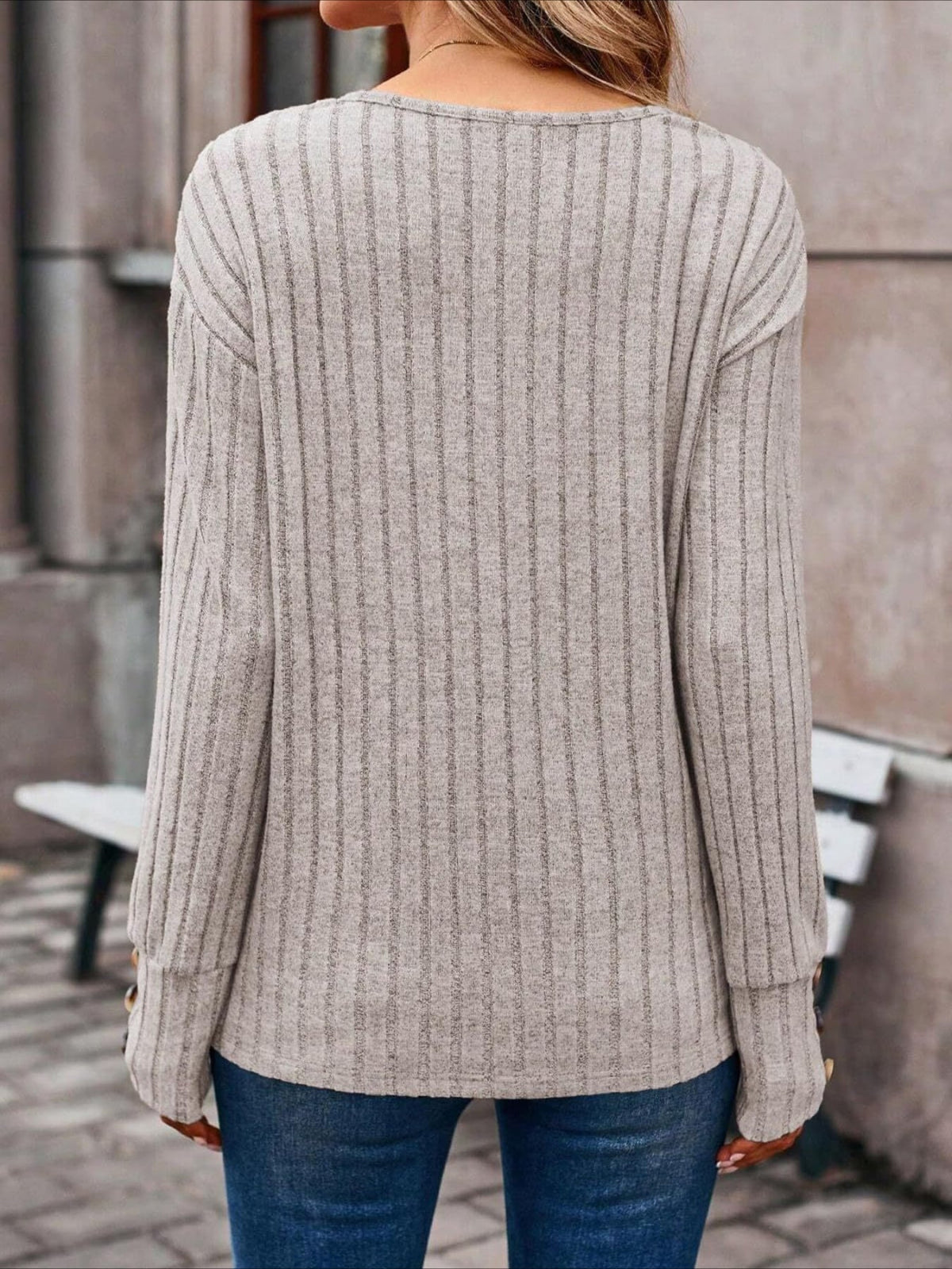 Womens Ribbed Button Detail T-Shirt - Fashionable V-Neck Long Sleeve Top