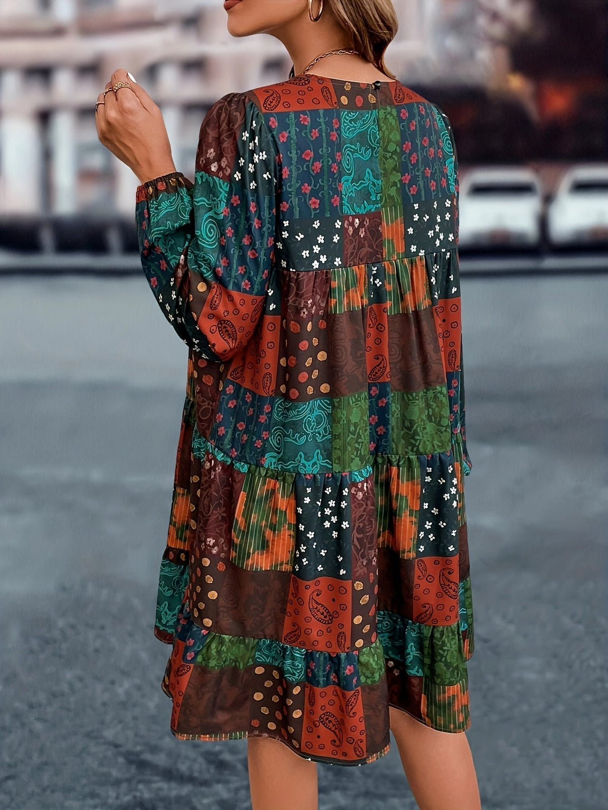 Boho Dress, Women's Patchwork Print Lantern Sleeve Round Neck Loose Fit Mini Dress