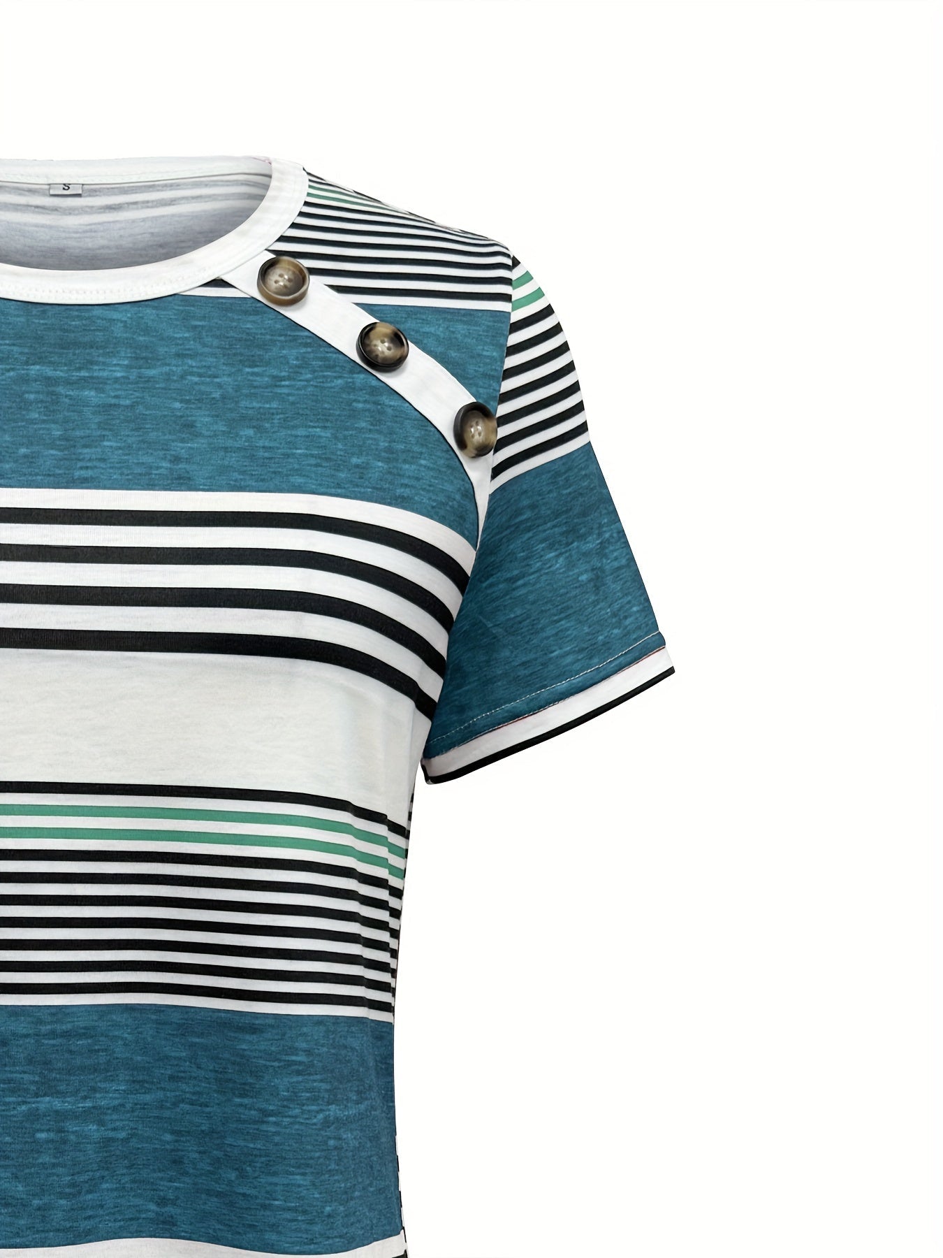 Button Front Vibrant Striped Short Sleeve Crew Neck T-Shirt