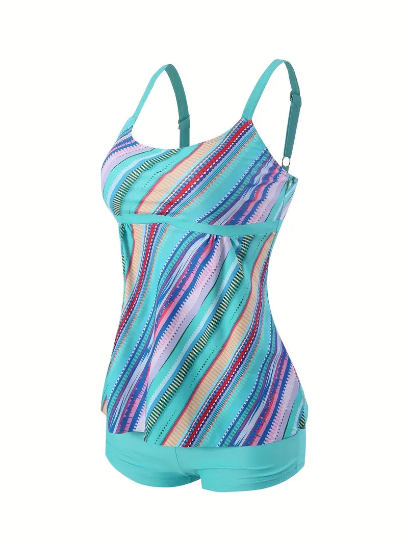 Colorful Digital Pattern Tankini Sets, Boxer Shorts Stretchy Tummy Cover Two Piece Swimsuit