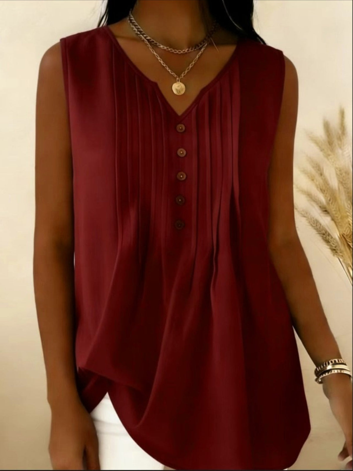 Elegant V Neck Sleeveless Button Summer Vacation Casual Tank Top