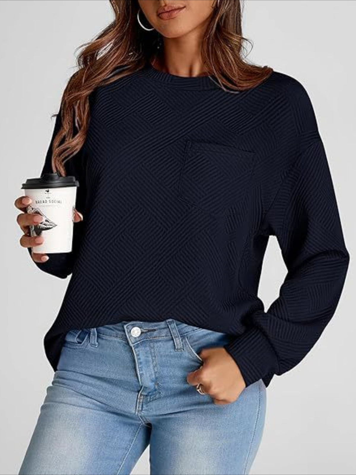 Textured Fabrics Long Sleeve Round Neck Sweatshirt