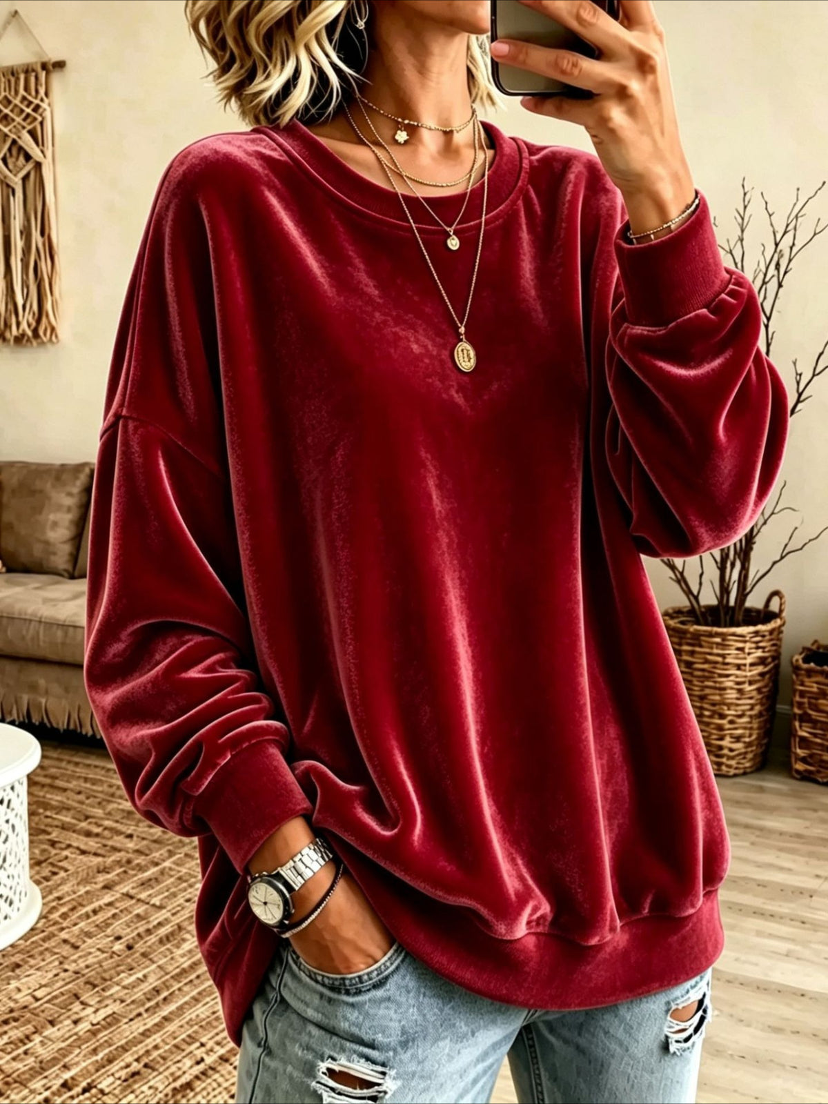 Crew Neck Drop Shoulder Velvet Sweatshirt