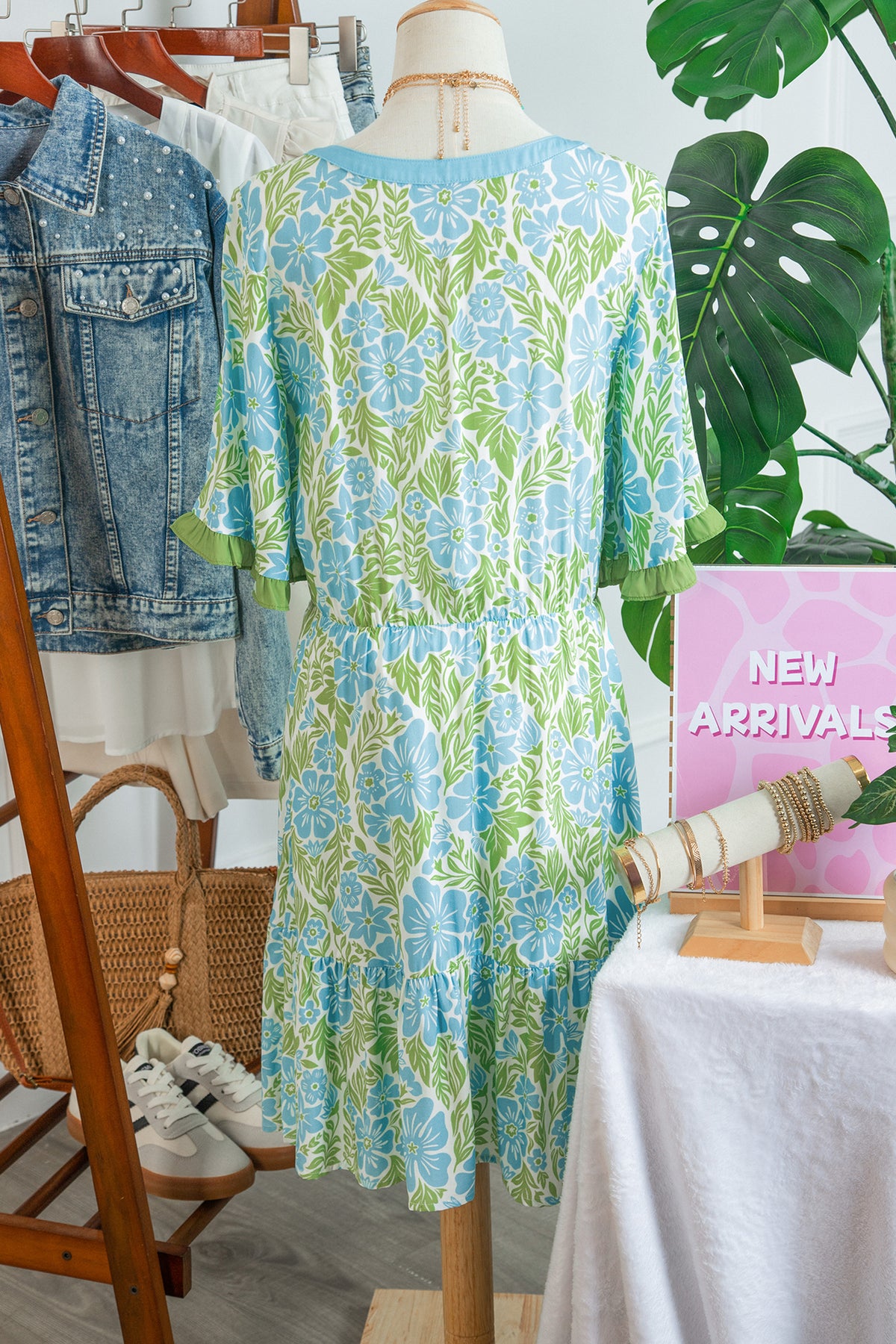 Sky Blue Floral Print High Waist Ruffle Short Sleeve Mini Dress