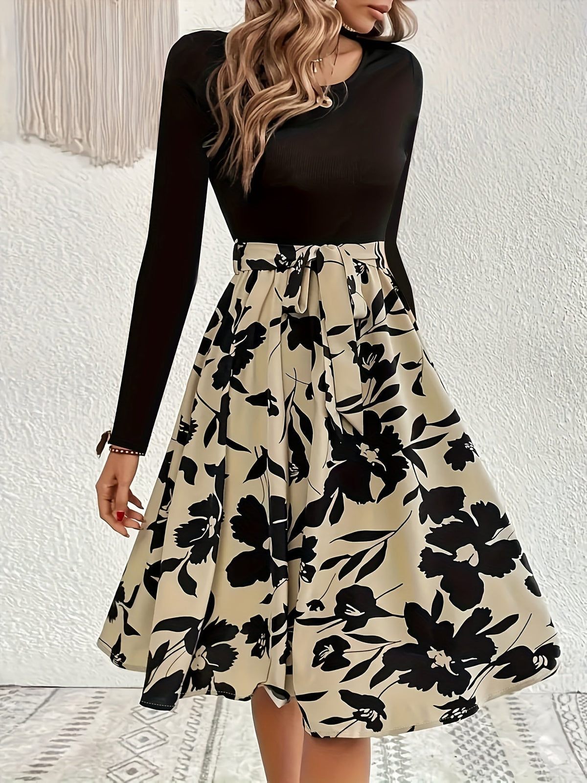 Floral Print Splicing Dress, Casual Crew Neck Long Sleeve Dress
