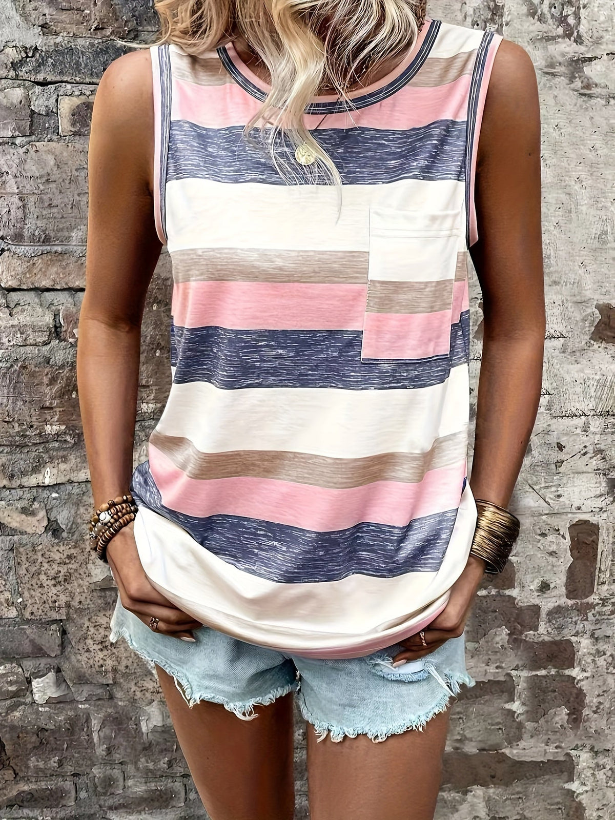 Striped Print Crew Neck Tank Top, Casual Sleeveless Patched Pocket Tank Top