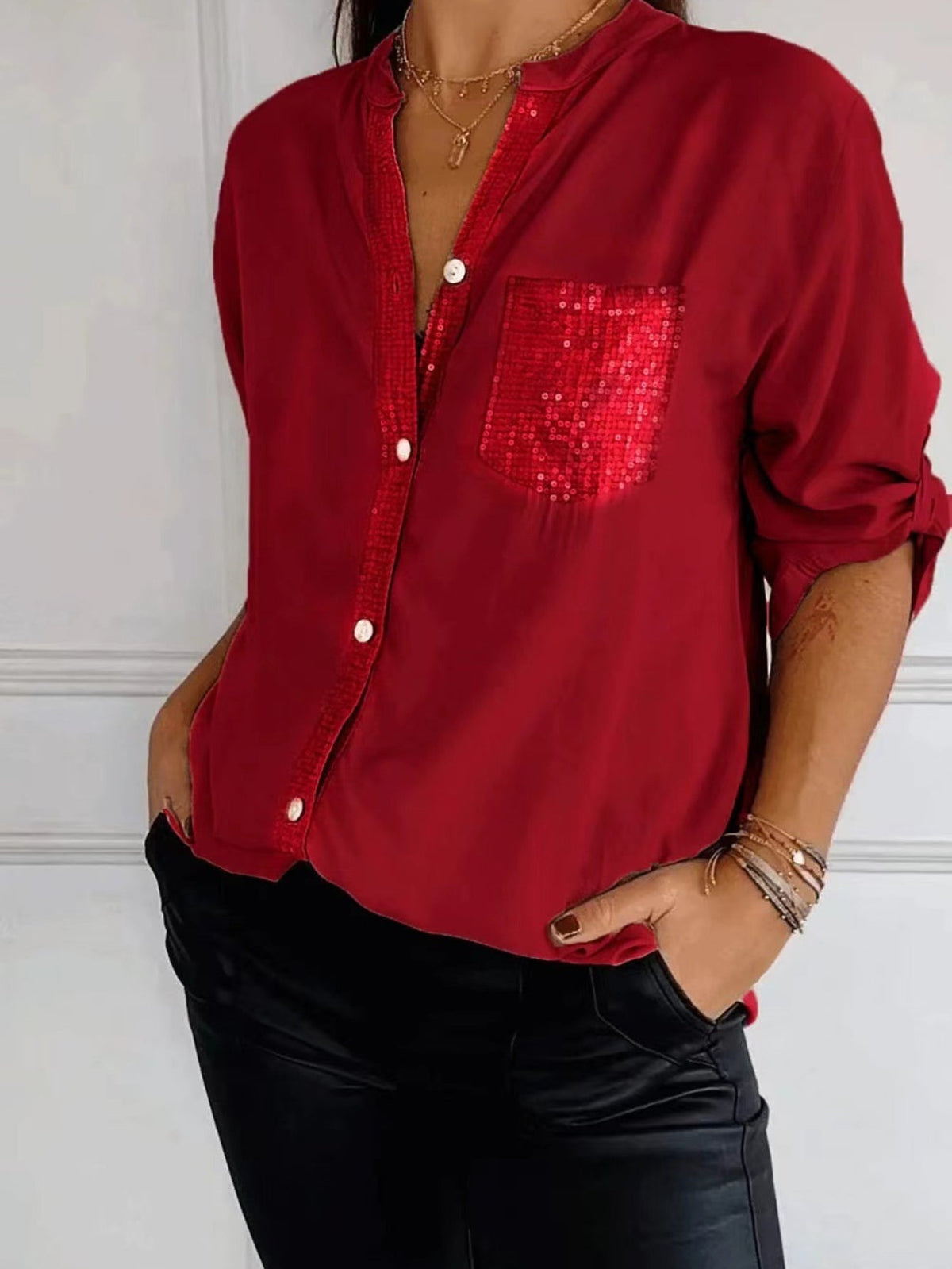Solid Color Casual V-Neck Sequin Loose Fit Long Sleeve Blouse
