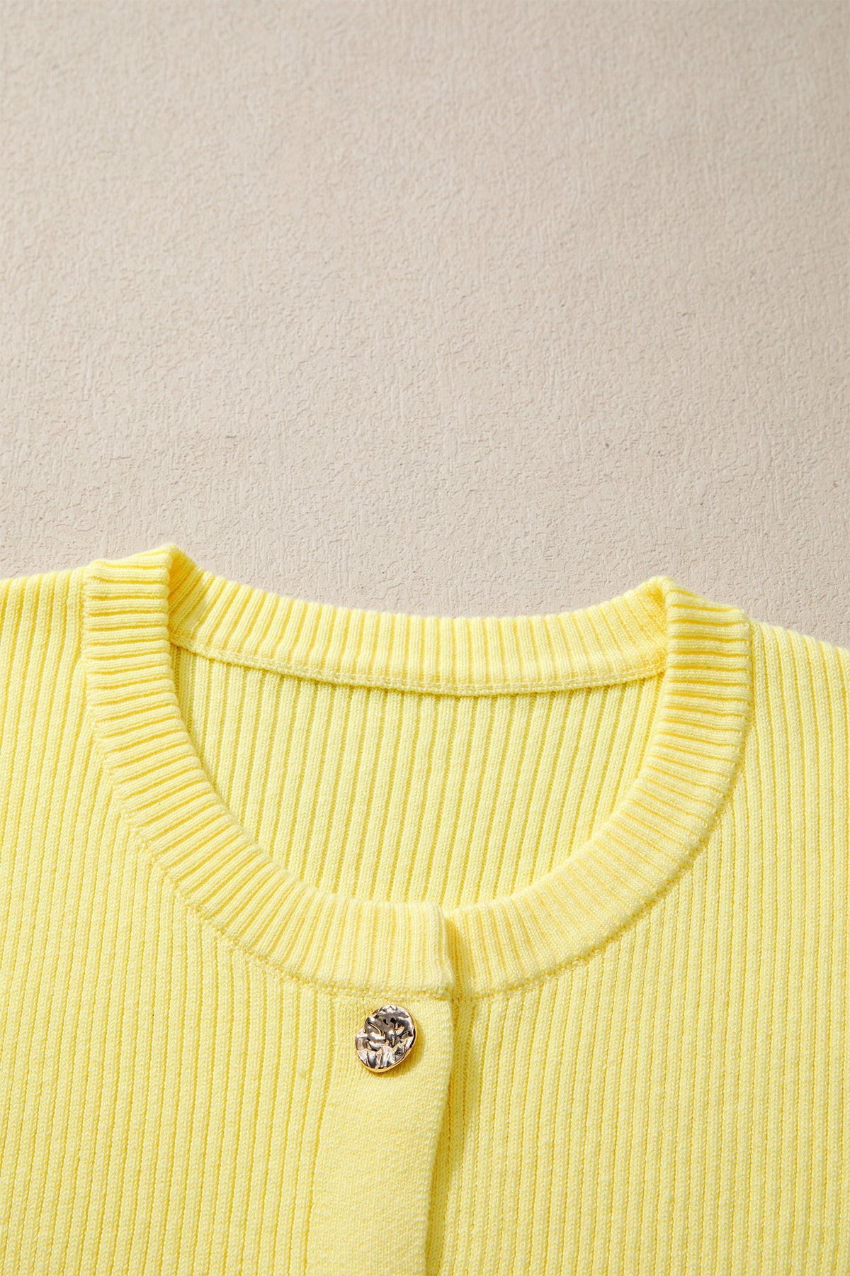 Yellow Cream Ribbed Knit Contrast Frilled Short Sleeve Sweater Cardigan