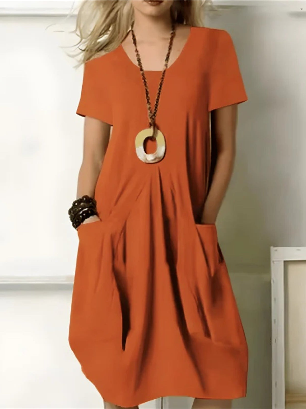 Casual Cotton and Linen Pocket Solid Color Midi Dress