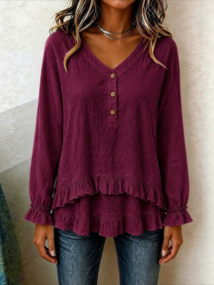 V-Neck Button Detail Long Sleeve Ruffle Hem Blouse
