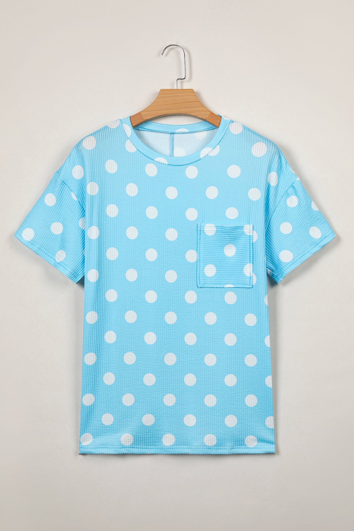 Sky Blue Polka Dot Patch Pocket Twisted Ribbed Top