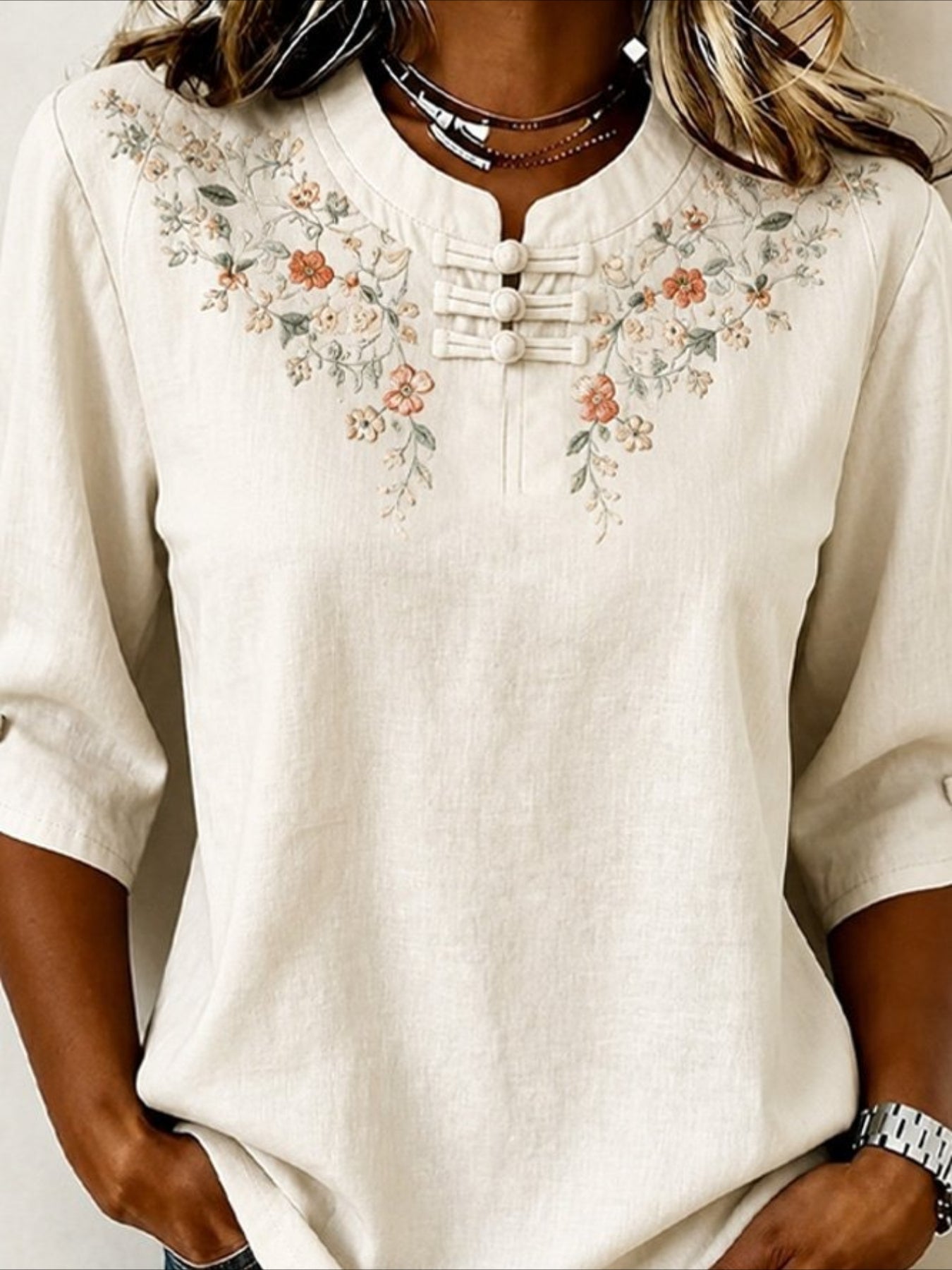 Half Sleeve Floral Buckle Mandarin Collar Blouse