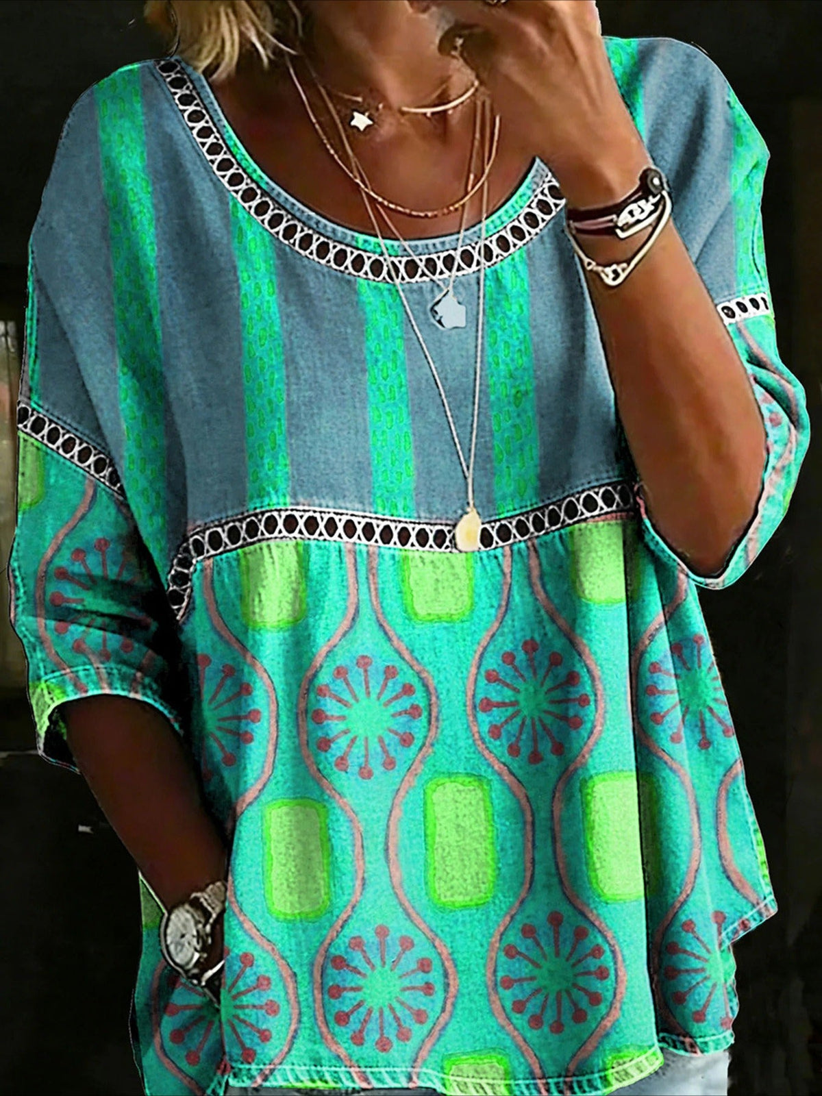 Printed Mid Sleeve Pleated Round Neck Top