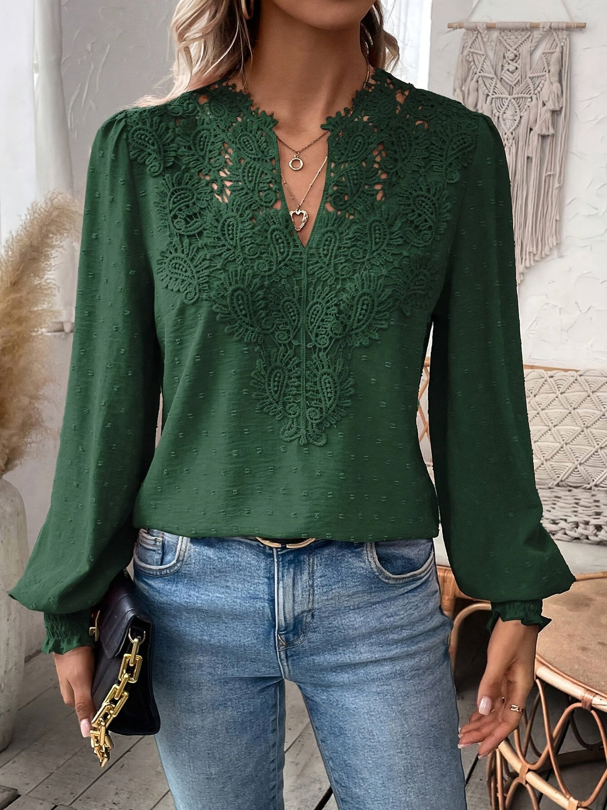 Lace Splicing Swiss Dot V-neck Blouse, Elegant Long Sleeve Blouse Top