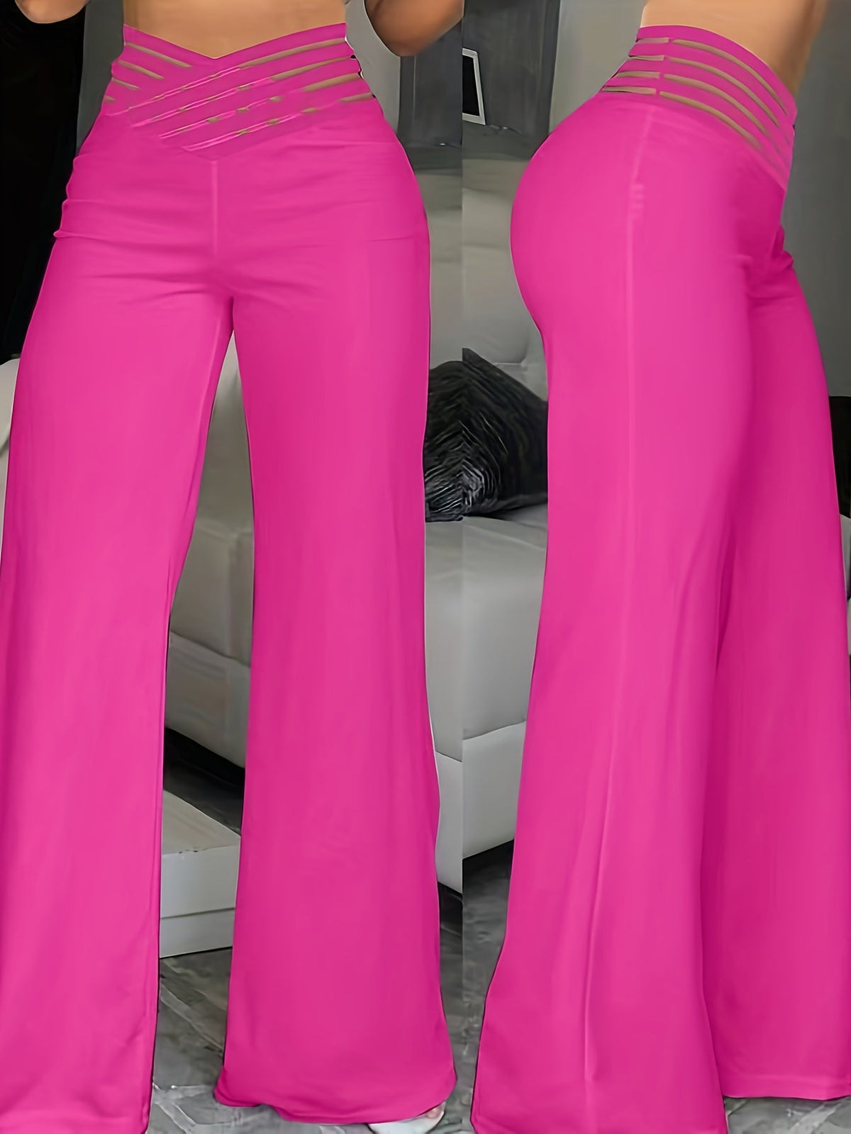 Elegant High-Waist Cross Detail Transparent Mesh Patchwork Pants