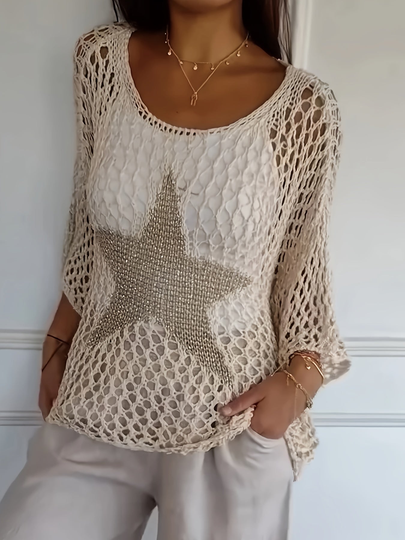 Loose Hollow Knit Star Cardigan Round Neck Sun Protection Shirt