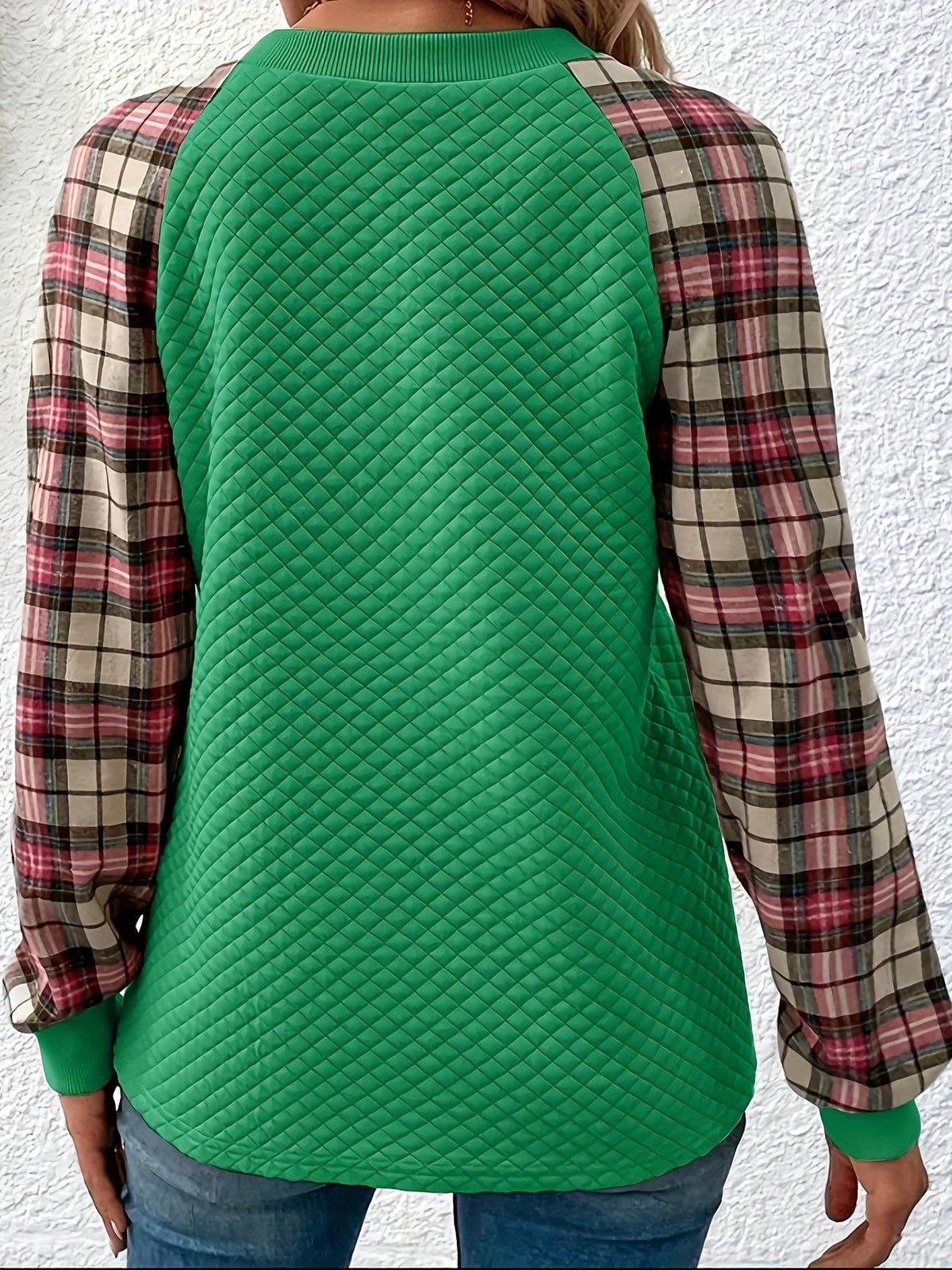 Plaid Print Button Front Crew Neck T-Shirt, Casual Long Sleeve Top