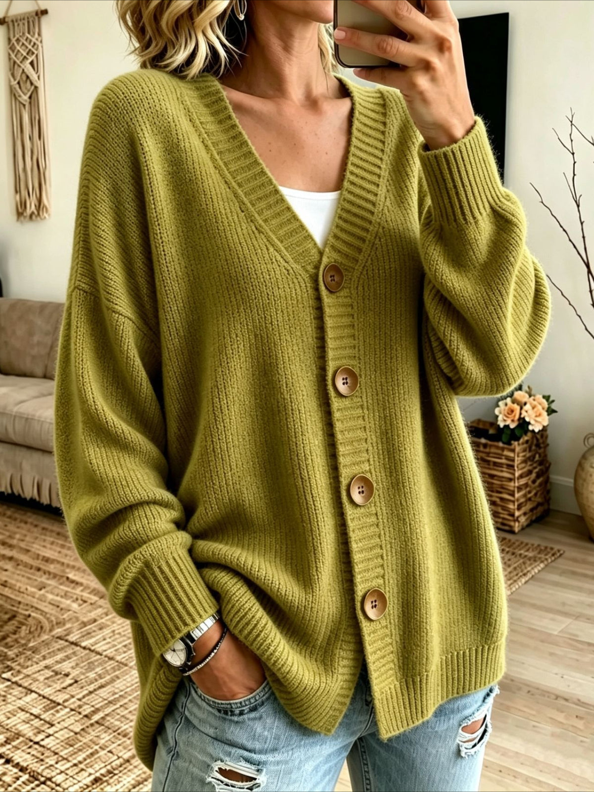Solid Color Button V Neck Knitted Cardigan Sweater