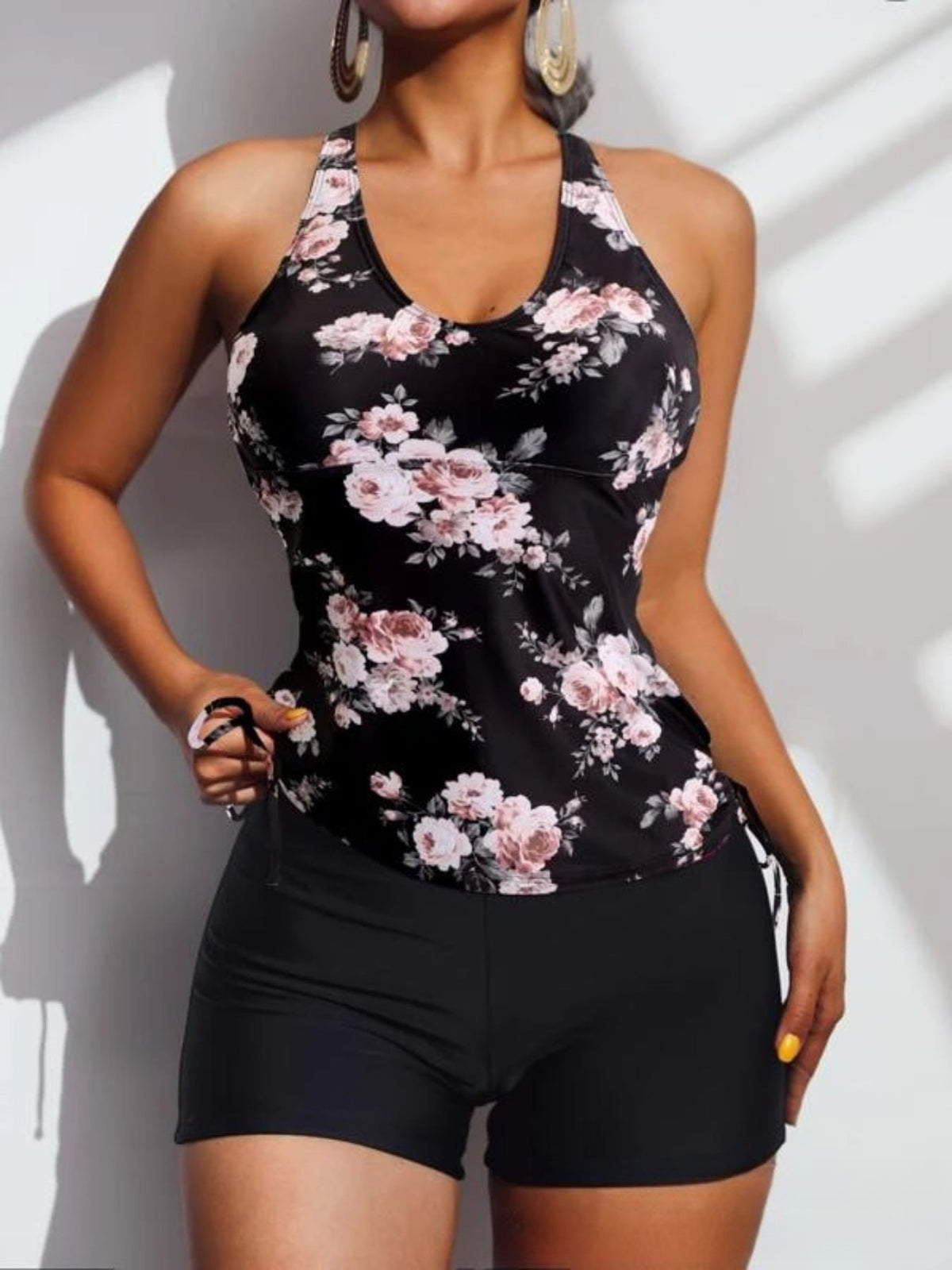 Tropical Print Round Neck Tankini Sets, Drawstring Straps Boxer Short Bottom Two Pieces Swimsuit
