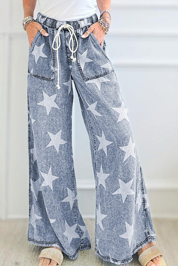 Light Blue Star Print Light Wash Drawstring Elastic Waistband Wide Leg Jeans