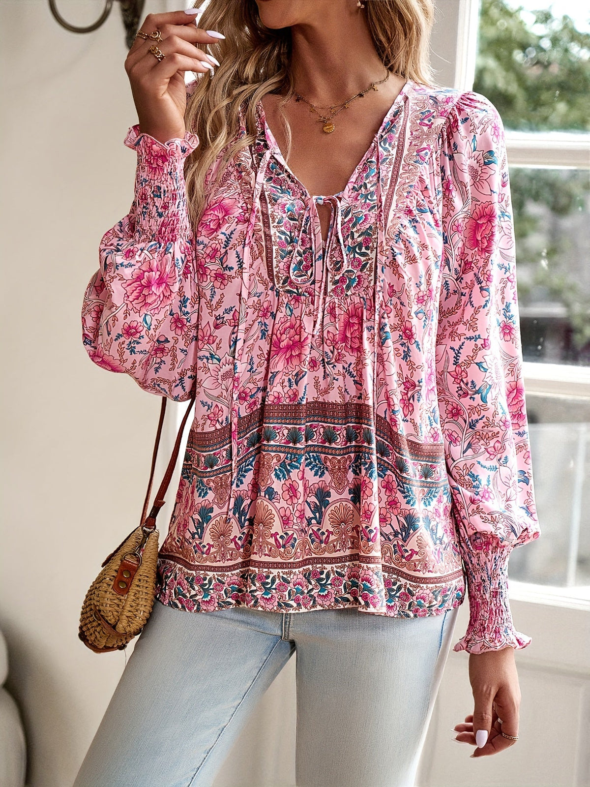 Drawstring Long Sleeve Casual Floral Print V Neck Blouse