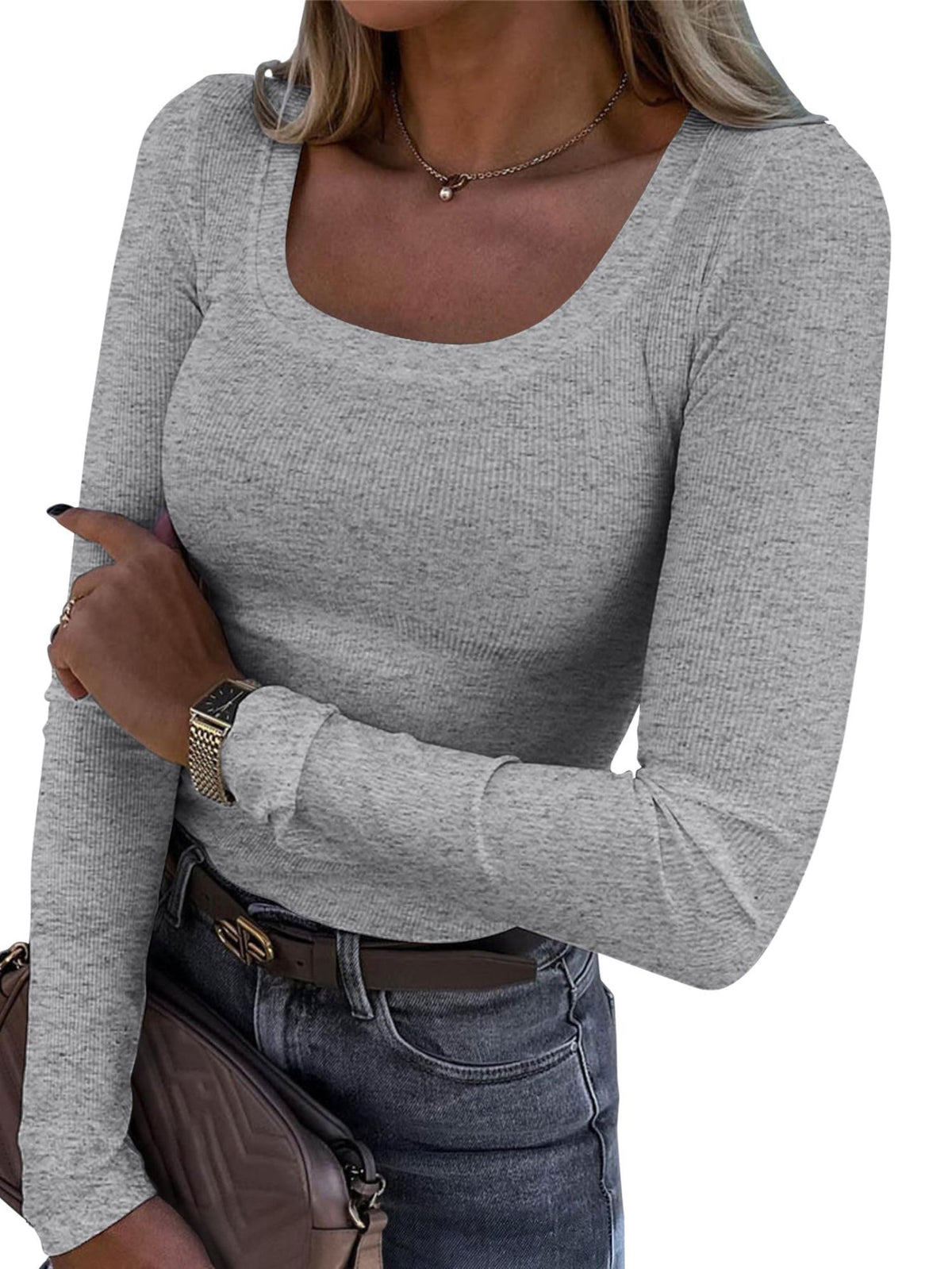 Casual Long Sleeve Square Neck T-shirt