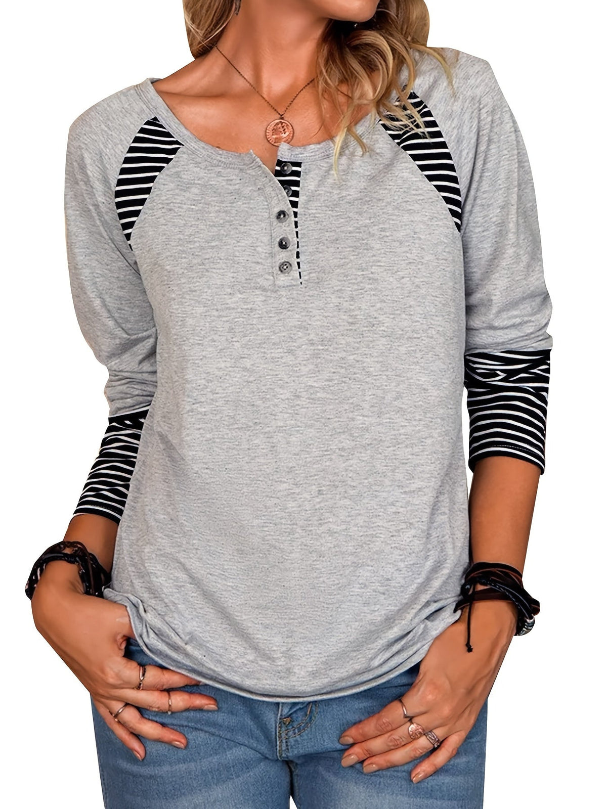 Stiped Button T-Shirt, Crew Neck Long Sleeve T-Shirt, Casual Every Day Tops