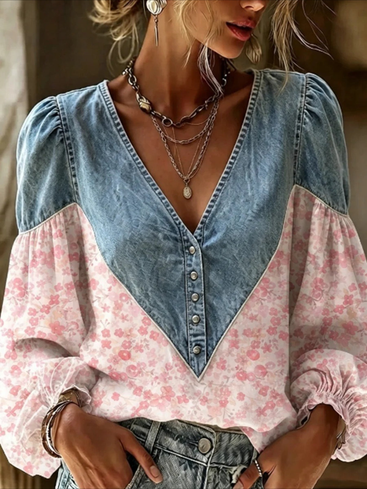 Vintage Denim V-neck Splicing Long Sleeve Shirt