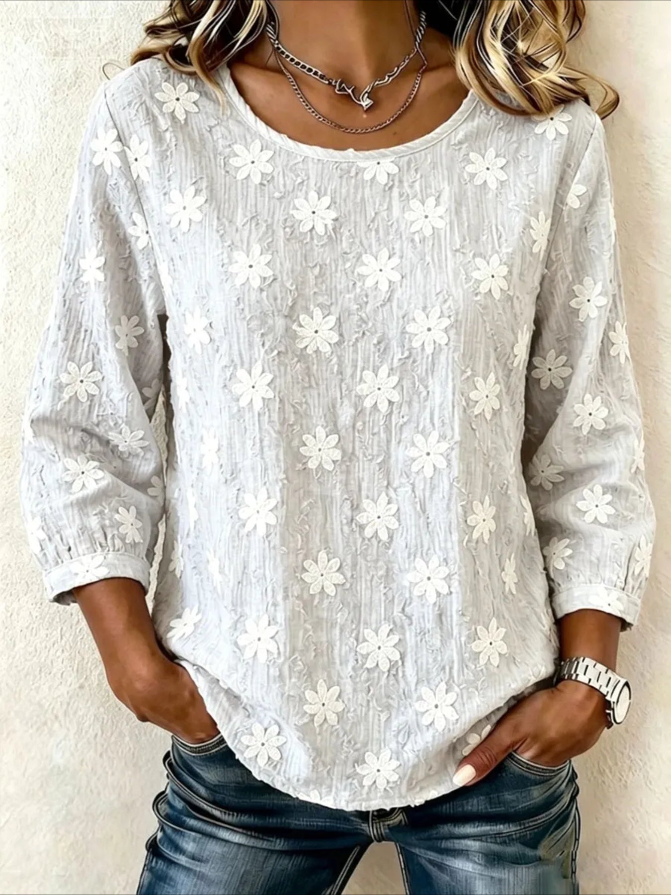 Crew Neck Half Sleeve Star Printing Regular Blouse