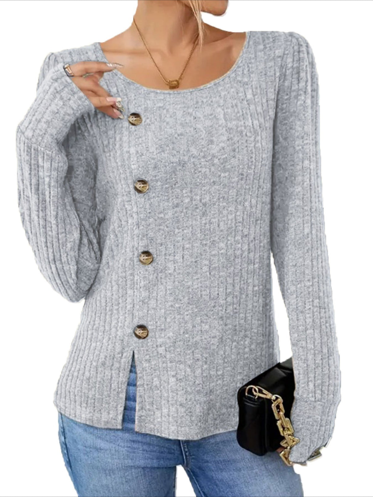 Long Sleeve Crew Neck Split T-Shirt  - Soft Mid-Elasticity Polyester Fabric, Machine Washable, Solid Color, Pullover Design