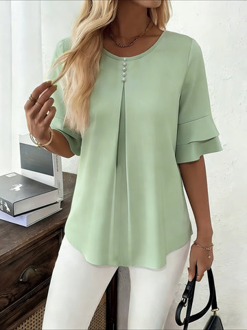 Elegant Fashion Summer Loose Solid Round Neck Button-Up Shirt Flared Sleeve Ruffle Top