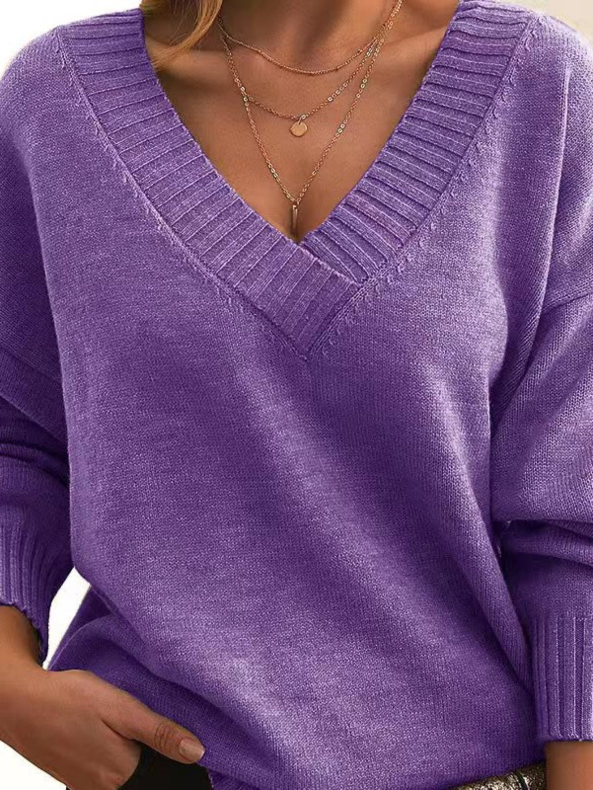 Solid Simple Knit Sweater, Casual V Neck Long Sleeve Sweater