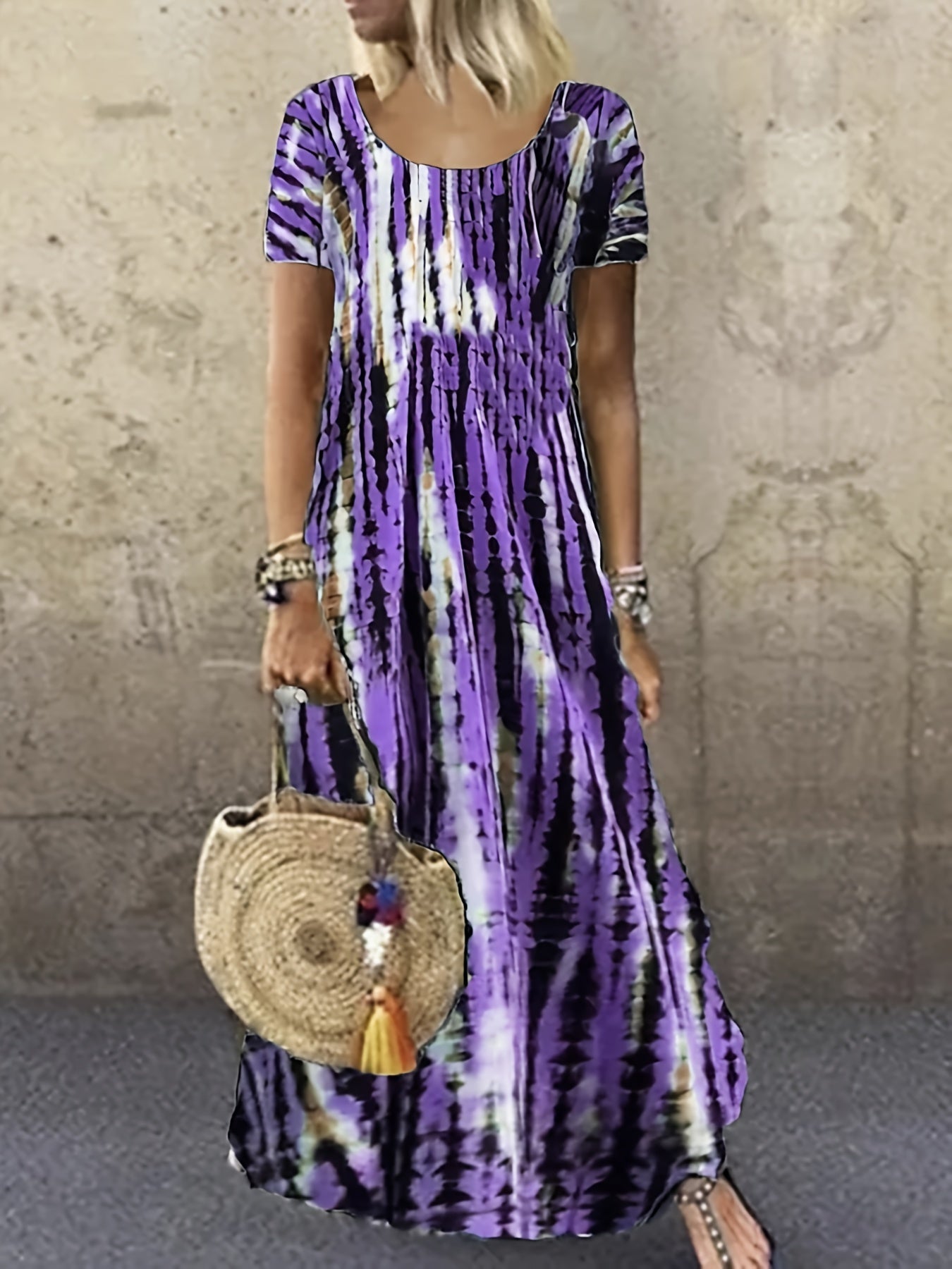 Tie Dye Striped Dress, Casual Crew Neck Short Sleeve Ankle Dress