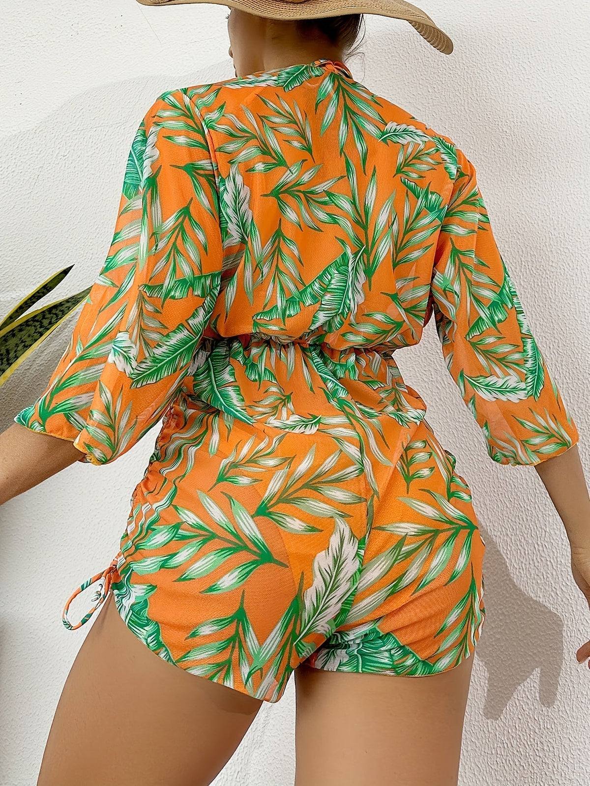 3-Piece Leaf Plant Print Bikini Sets, Triangle Halter Neck High Cut With Sheer Cover Up Drawstring Overall Swimsuit