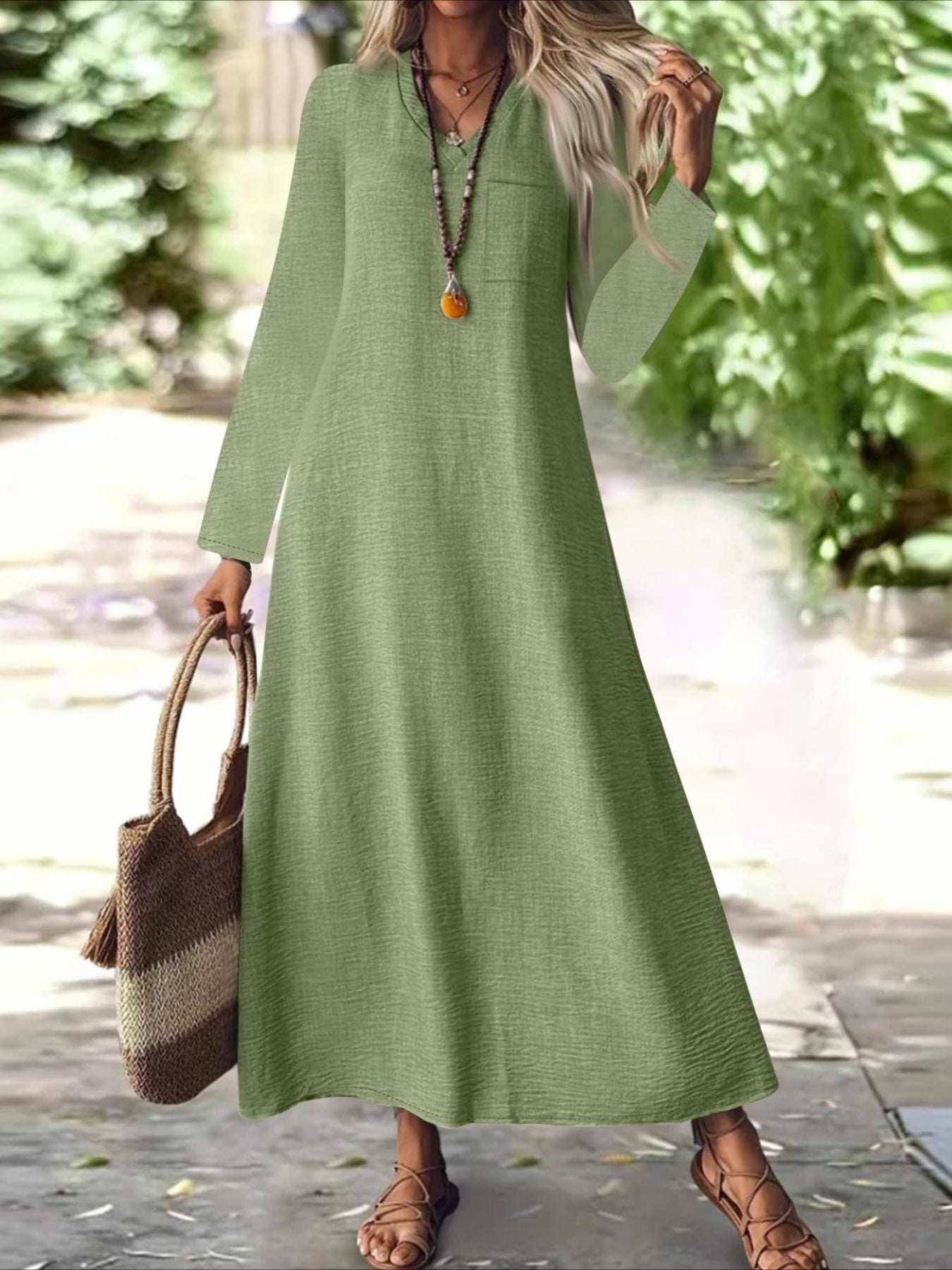 Back Zipper Solid Color Long Sleeve Cotton and Linen Dress