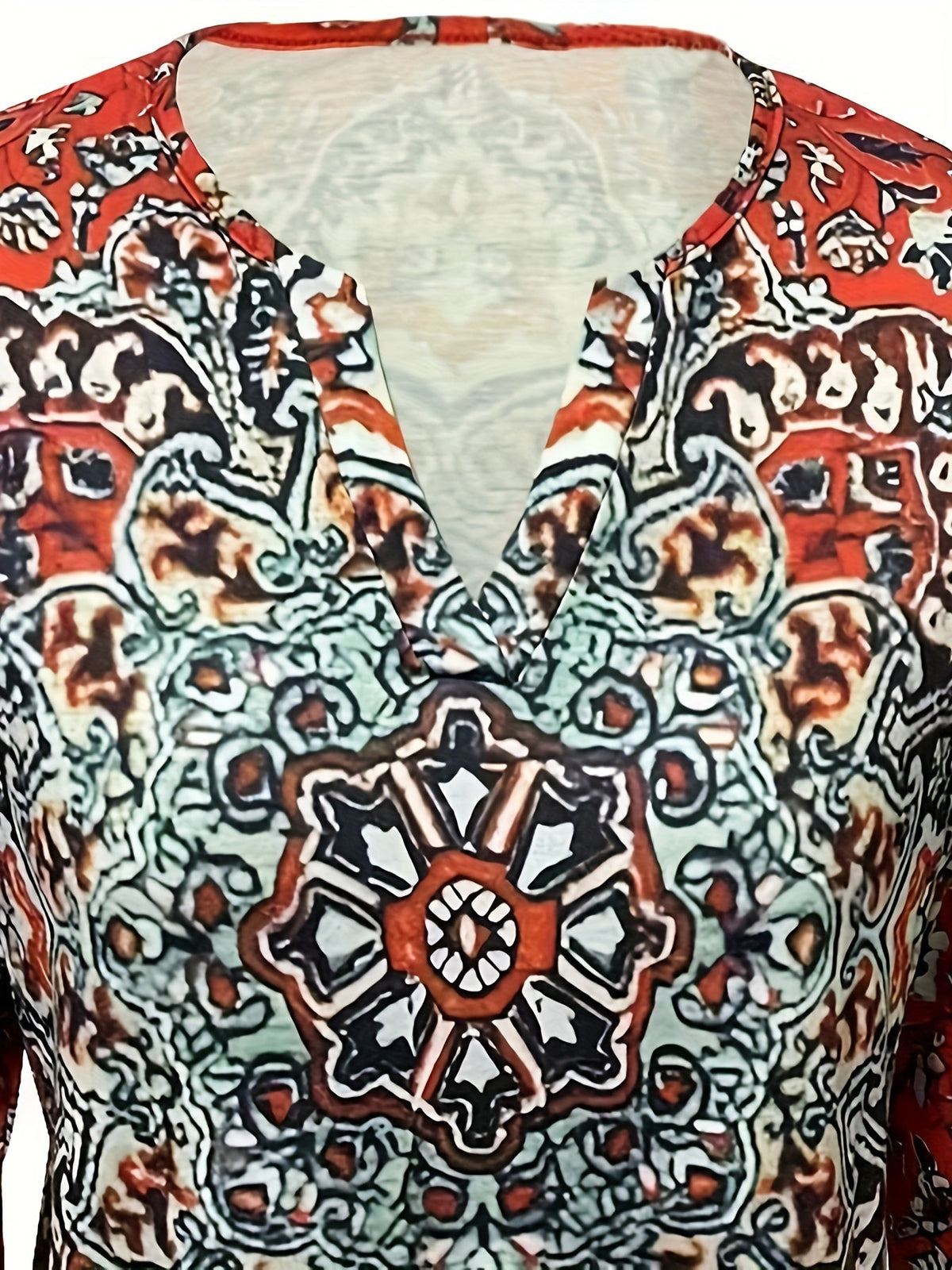 Ethnic Floral Print T-shirt, Vintage Notched Neck Long Sleeve T-shirt