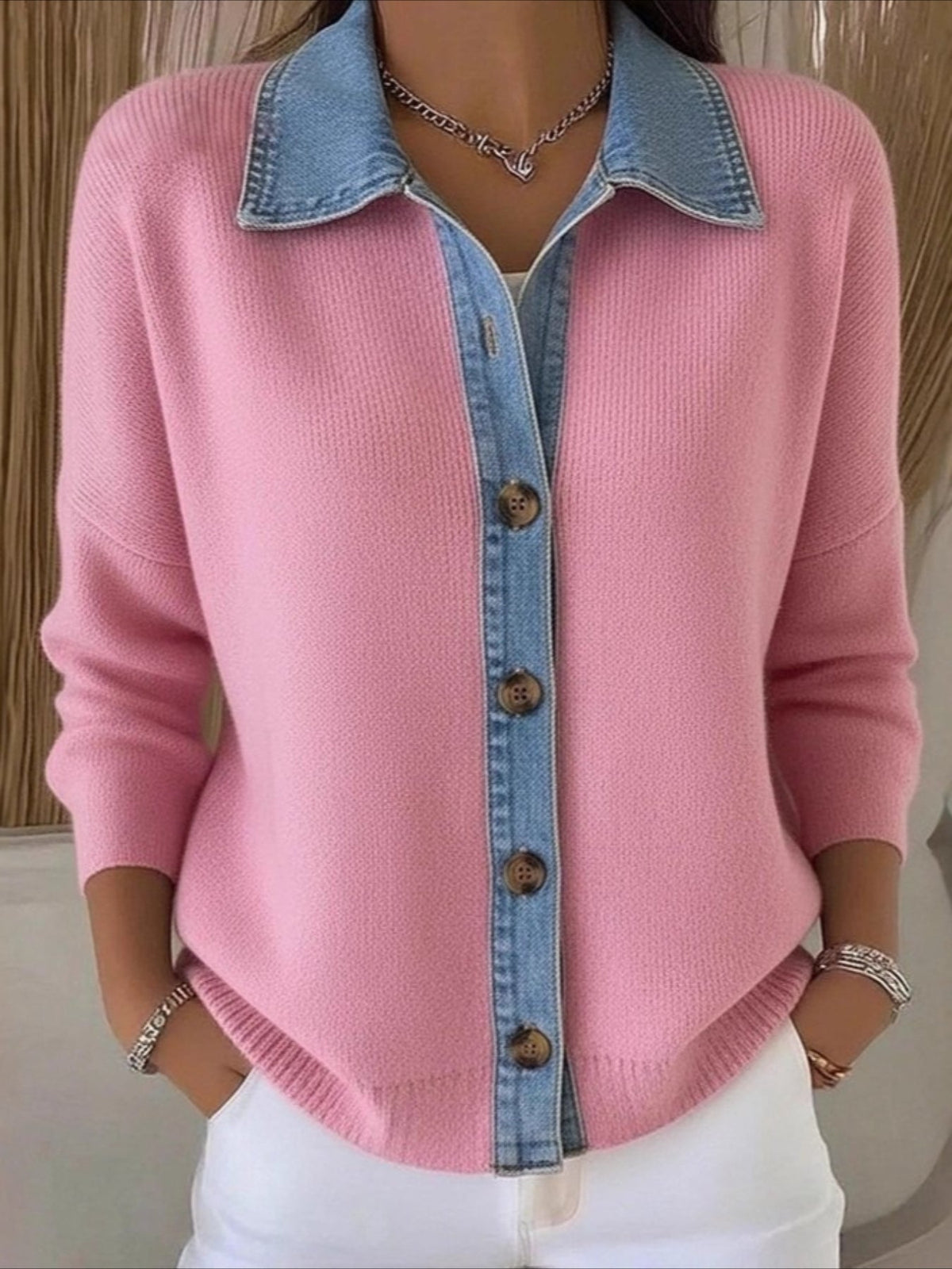 Denim Printing Polo Collar Button-down Knitted Cardigan Sweater