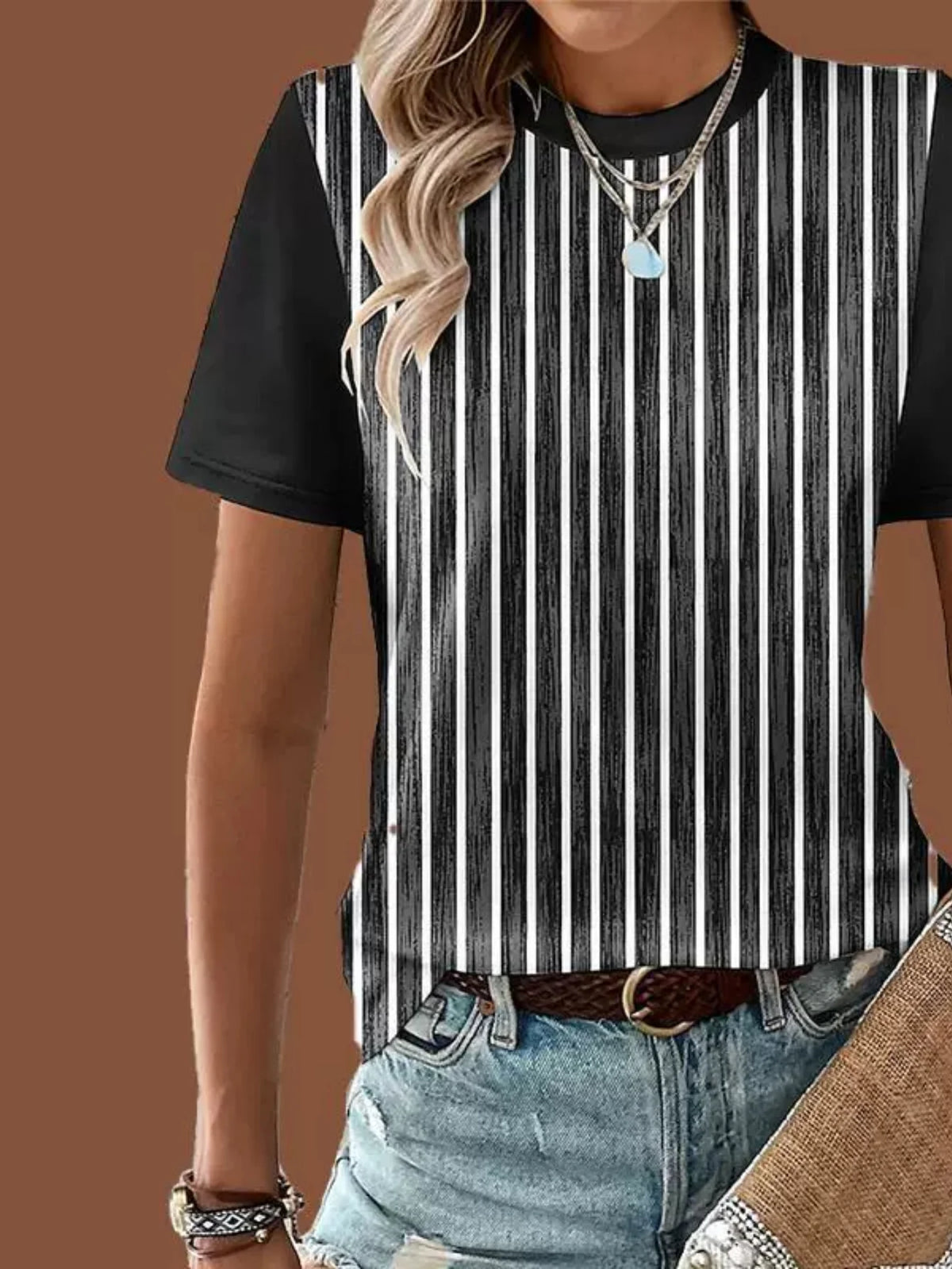Casual Patchwork Pattern Round Neck Short Sleeve Loose Women T-Shirt