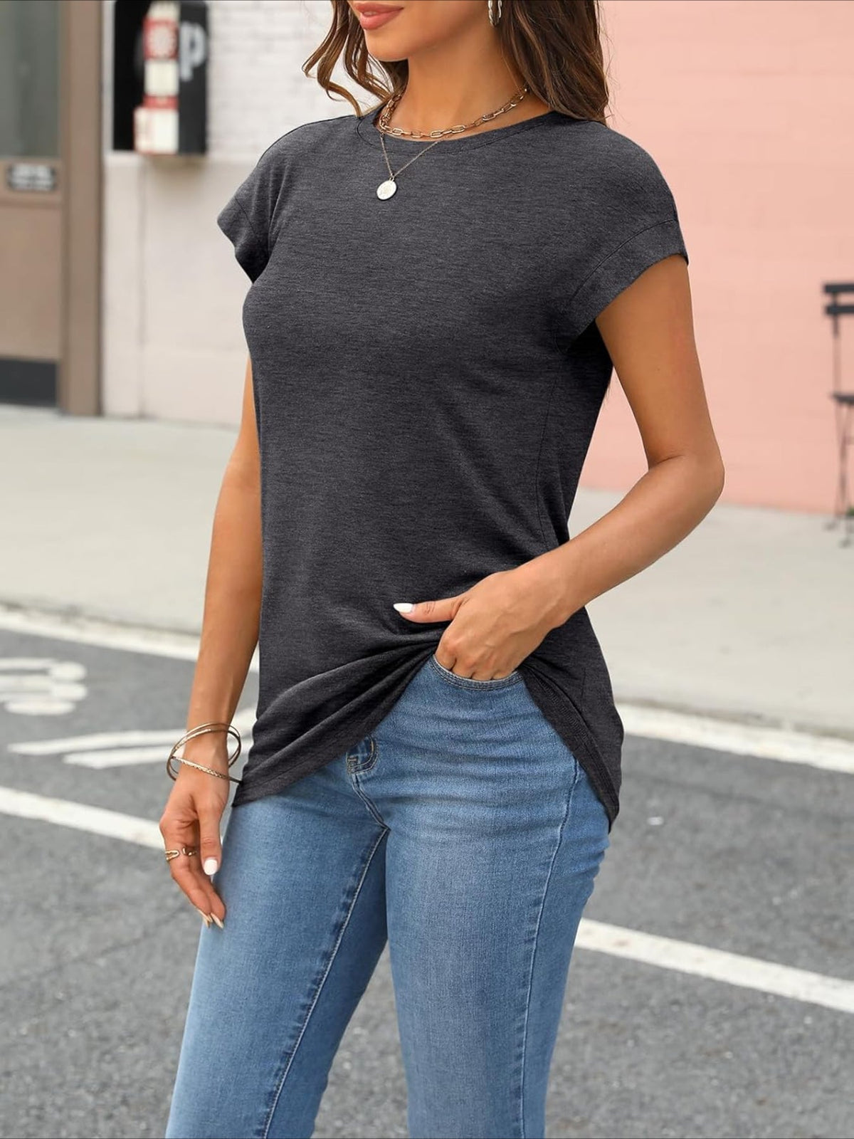Solid Color Round Neck Cap Sleeve T Shirts