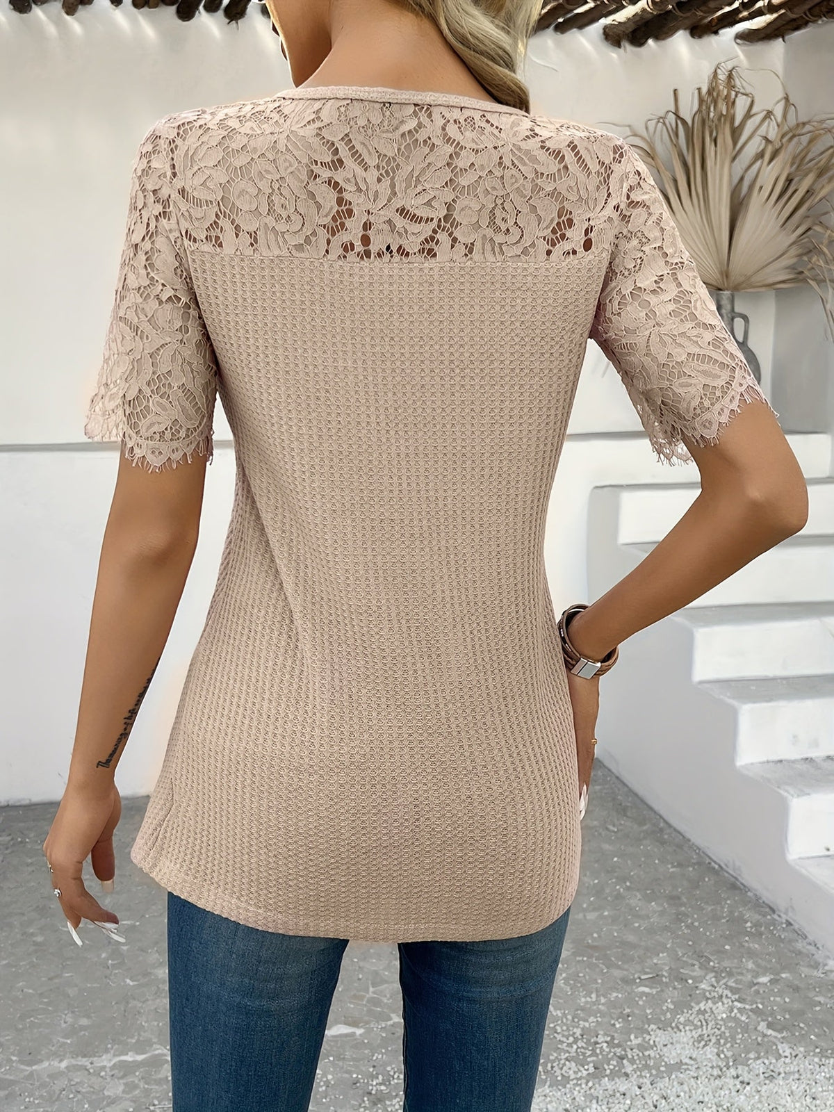Short Sleeve Round Neck Long Tunic with Floral Embroidery Lace Detail Knit Top