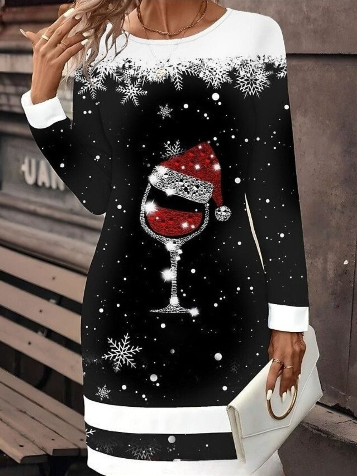 Creative Retro Printing Comfortable Soft Crew Neck Hip Wrap Knitted Sweater Dress