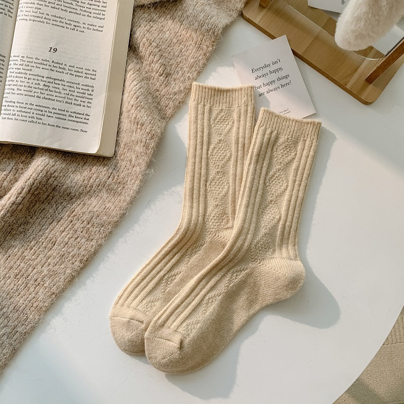 2/6 Pairs Thick & Warm Cream Color Socks, Retro Art Pattern Mid Tube Socks