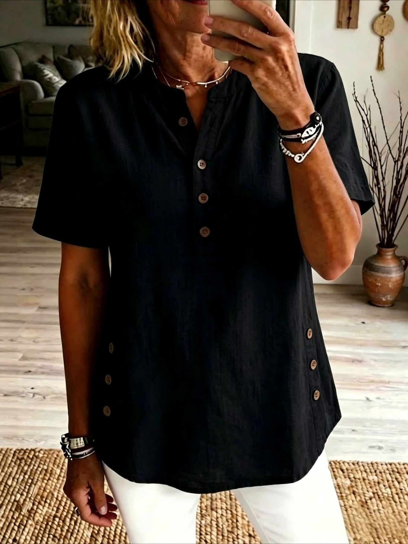 Stand Collar Short Sleeve Button Summer Daily Going Out Casual Shirt