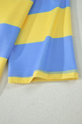 Yellow Stripe Half Zipper Placket Bracelet Sleeve Top Casual Shorts Set