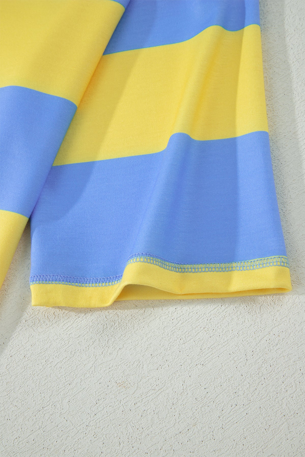 Yellow Stripe Half Zipper Placket Bracelet Sleeve Top Casual Shorts Set